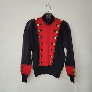 Antonella‎ Preve Vintage Sweater Womens L Black Red Military Button Leather Trim